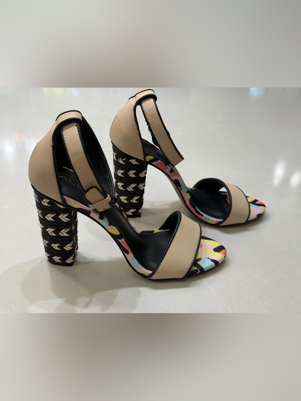ALDO Woven Braided Block Heel Sandals Multi Color Stripe Ankle Strap Chunky, 8.5